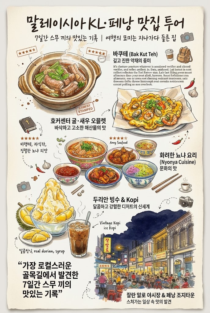바쿠테, 굴 오믈렛, 뇨냐 요리, 두리안 빙수를 그린 말레이시아 맛집 투어 일러스트